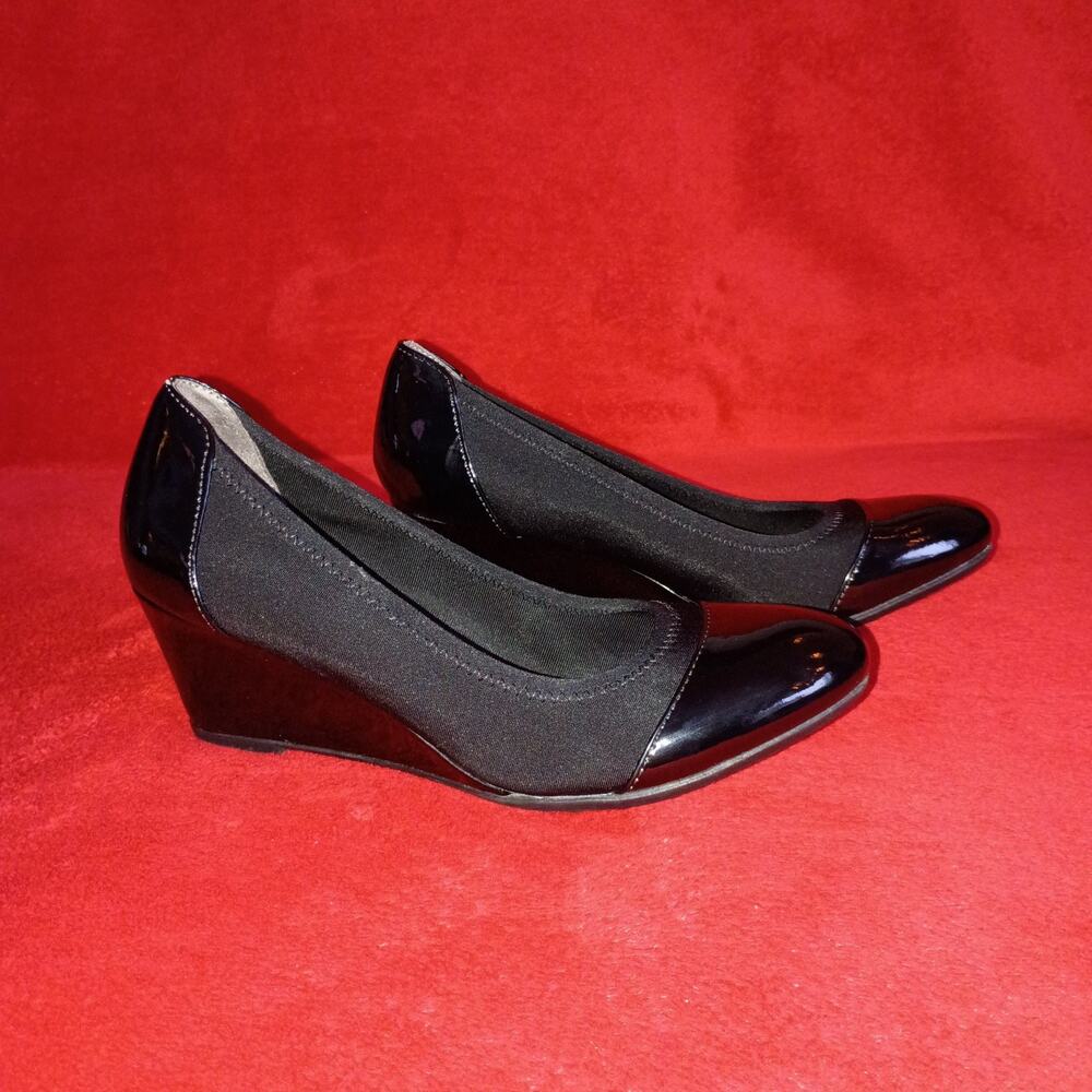 LifeStride Soft System Juliana Stretch Black Wedge Heel Patent Shoes Sz 8W